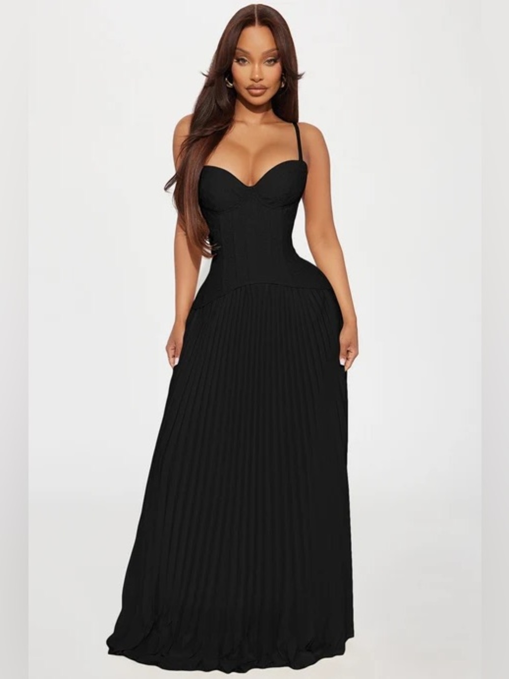 Elegant Black Pleated Maxi Dress with Corset Bodice